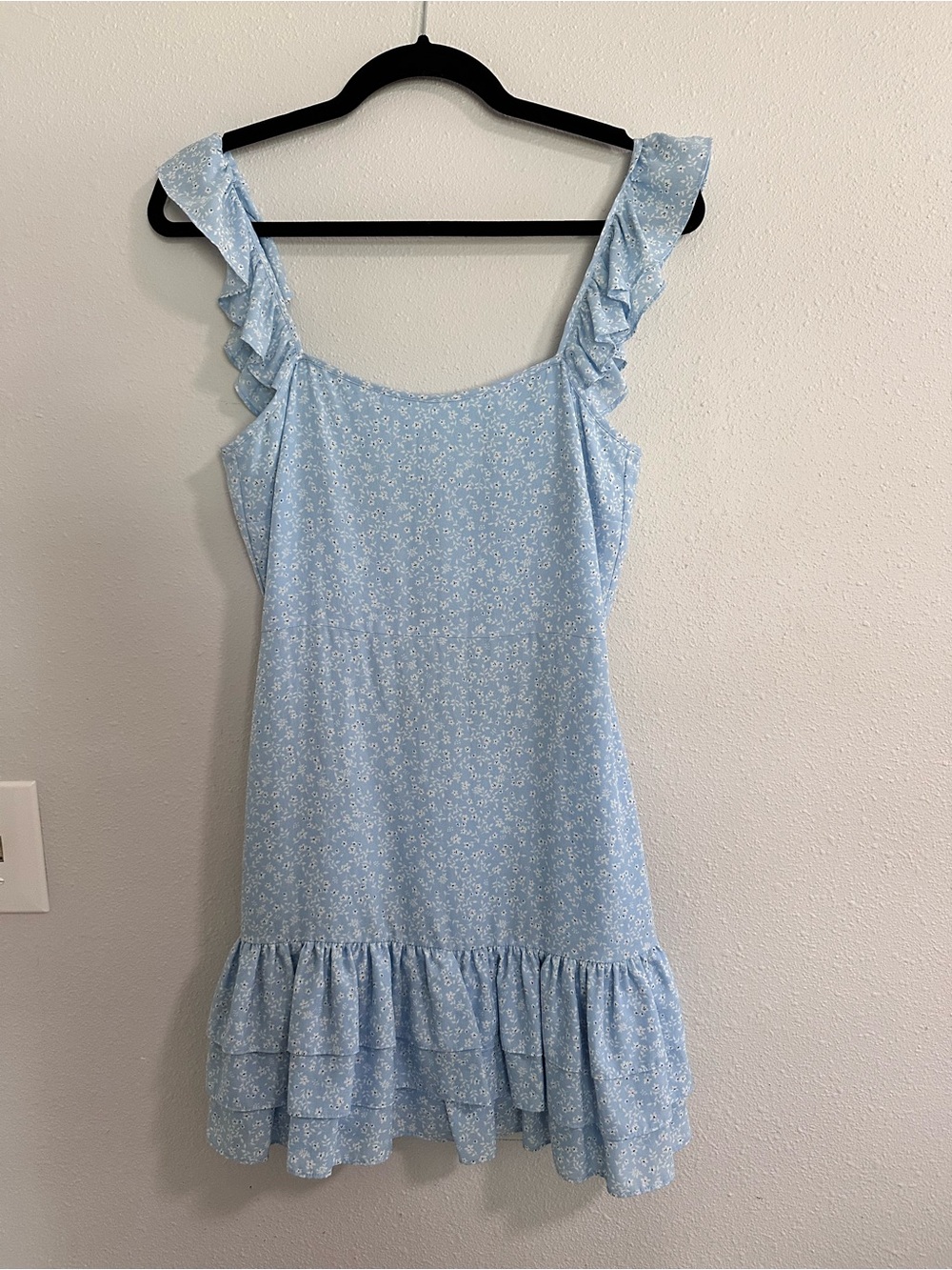 Likely Light Blue Floral Ruffle Mini Dress